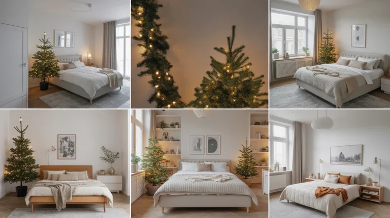 Collage of Christmas bedroom ideas for apartments with slim trees, fairy lights, and chic compact festive decor