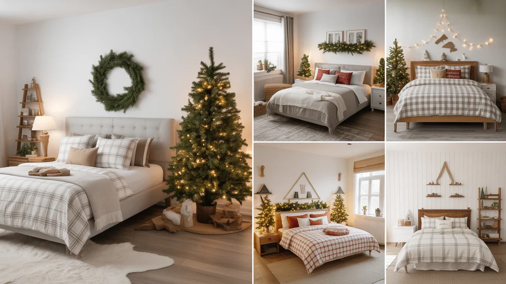 Christmas bedroom ideas for boys featuring plaid bedding, cozy lighting, and modern holiday decor setup