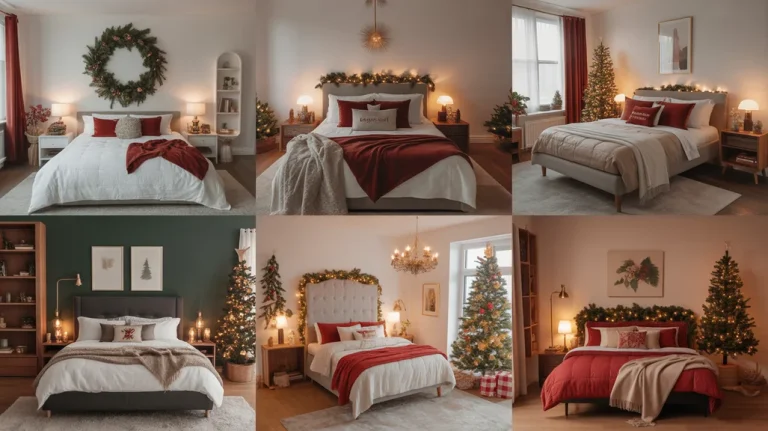 Christmas bedroom ideas for couples featuring cozy bedding, romantic lighting, and festive decorations