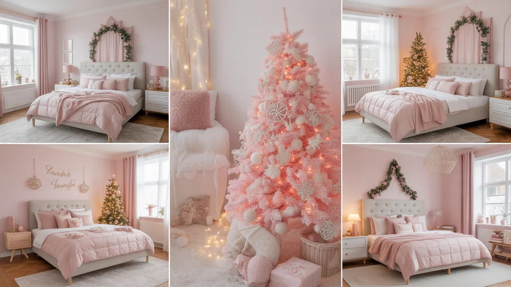 Collage of pink Christmas bedroom ideas for girls with cozy decor, fairy lights, and feminine holiday styling