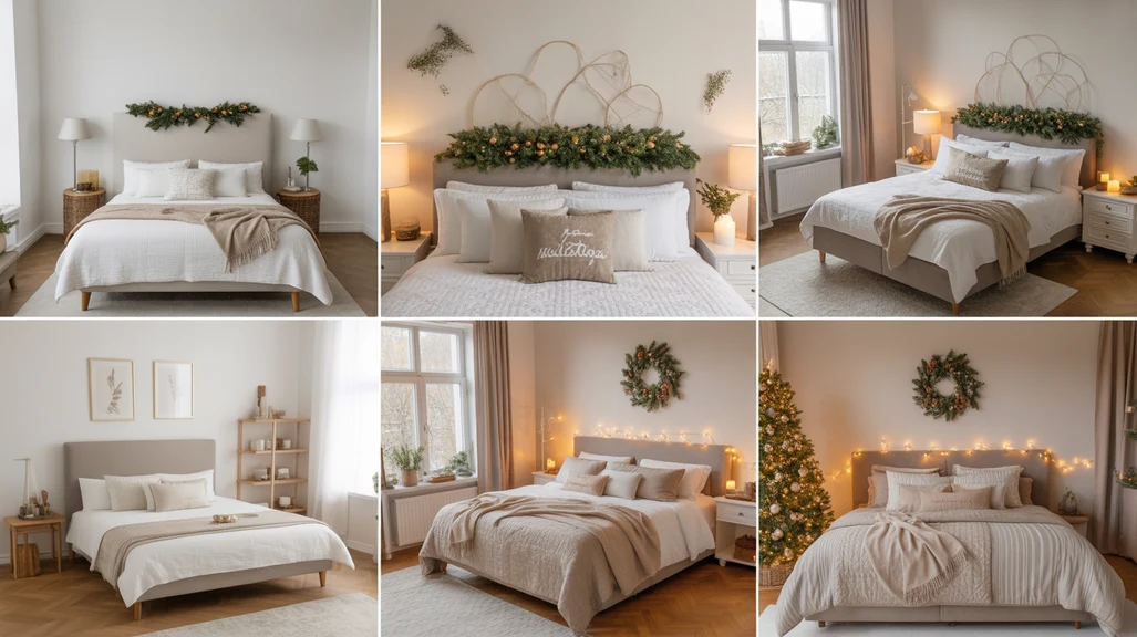 Collage of Christmas bedroom ideas for guests with festive bedding, greenery, and cozy lighting