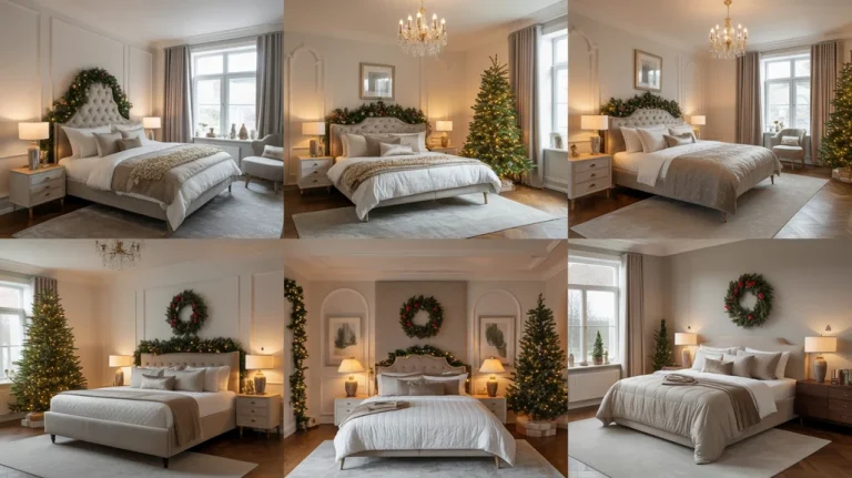 Elegant Christmas bedroom ideas for large master bedrooms with tree, velvet bedding, and warm festive lighting