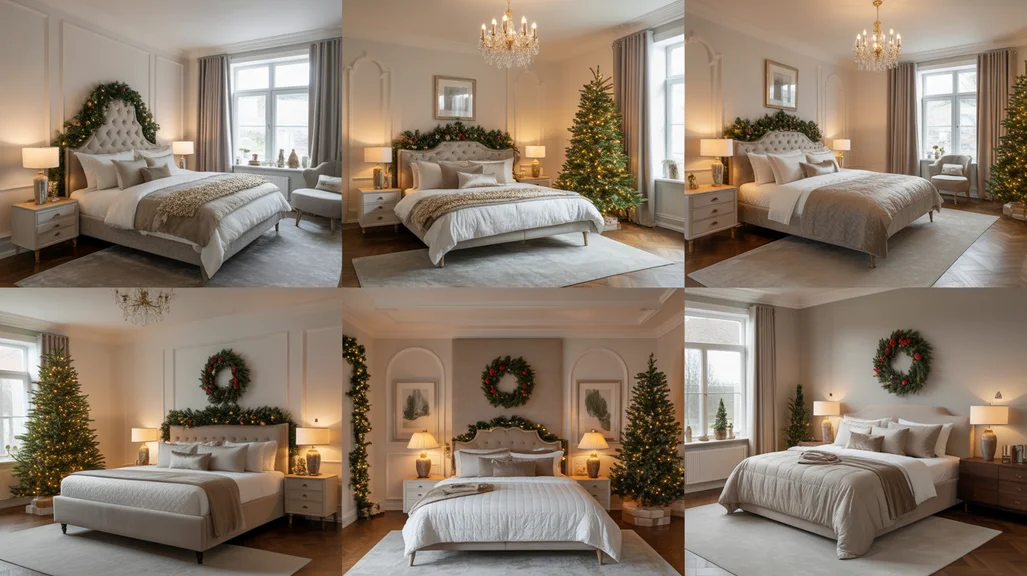 Elegant Christmas bedroom ideas for large master bedrooms with tree, velvet bedding, and warm festive lighting