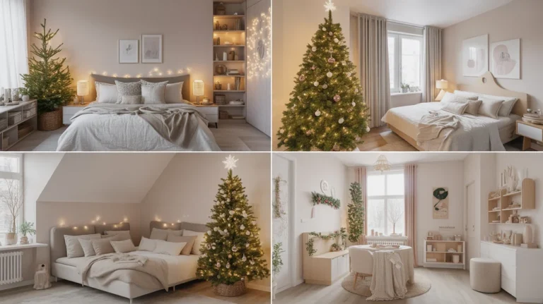 Collage of Christmas bedroom ideas for small rooms with cozy decor, slim trees, and festive compact styling