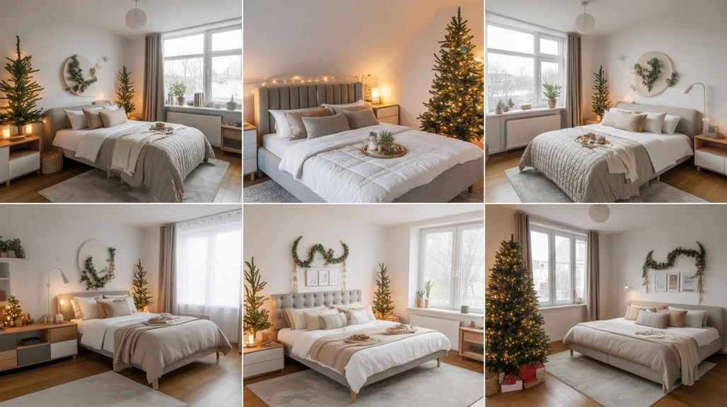 Collage of Christmas bedroom ideas for small spaces with mini trees, fairy lights, and space-saving festive decor