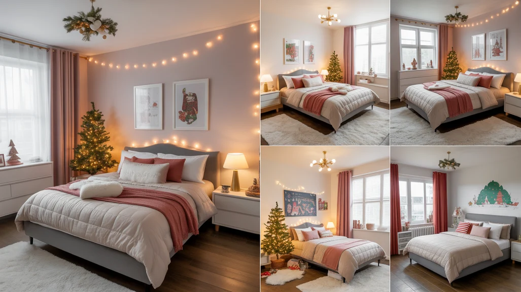 Christmas bedroom ideas for teens with trendy decor, cozy lighting, and colorful festive details