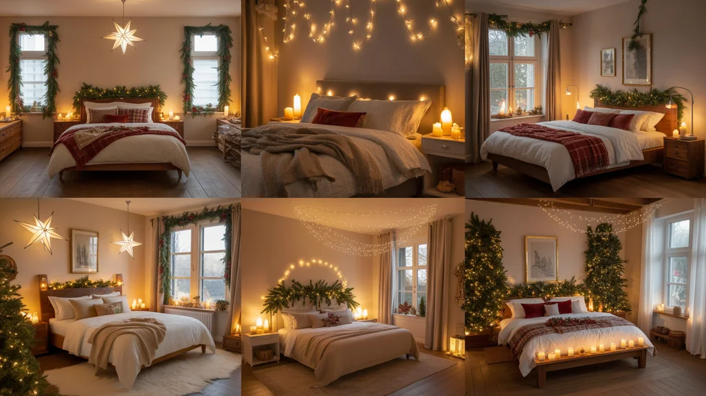 Christmas bedroom lighting ideas with fairy lights, candles, and festive glow decor
