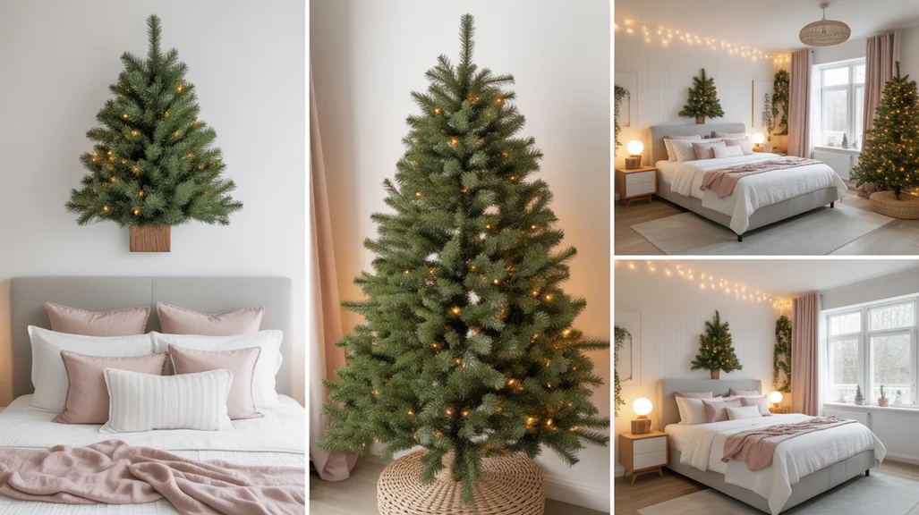 Christmas tree ideas for bedrooms collage with mini, wall, and corner trees