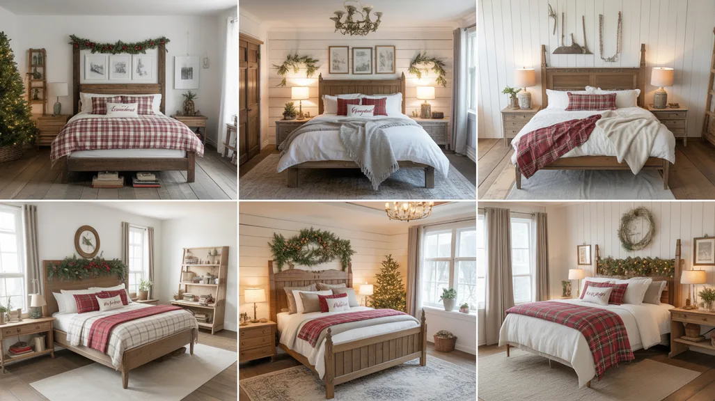 Farmhouse Christmas bedroom ideas for rustic country charm with wood furniture, greenery, and plaid holiday accents