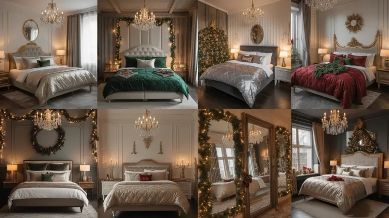 Glam Christmas bedroom ideas featuring metallic gold, silver accents, velvet bedding, and elegant holiday lighting