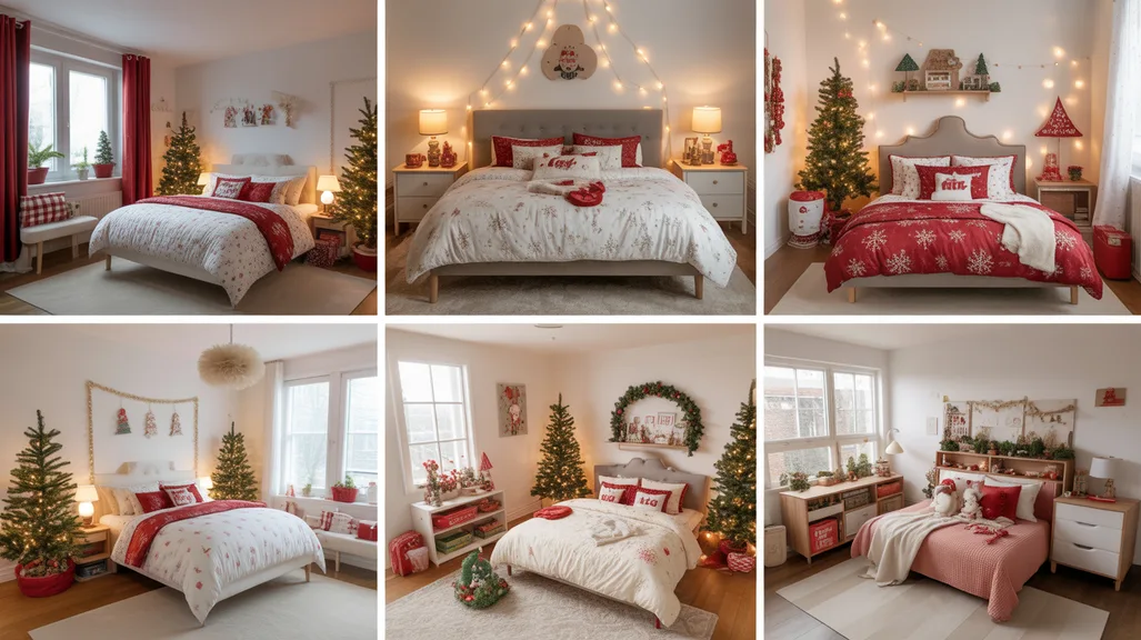 Christmas bedroom ideas for kids featuring cozy bedding, fairy lights, and playful holiday decorations
