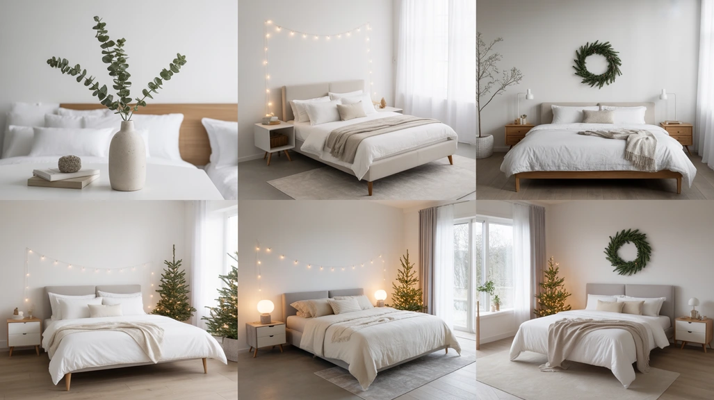 Minimalist Christmas bedroom ideas featuring calm neutral decor, natural textures, and serene holiday styling