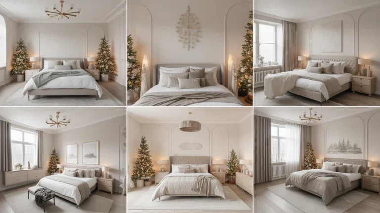 Modern Christmas bedroom ideas for a chic holiday aesthetic with neutral tones, minimalist trees, and soft lighting