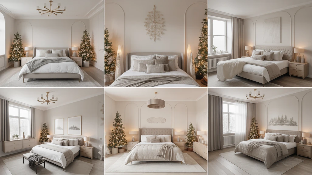 Modern Christmas bedroom ideas for a chic holiday aesthetic with neutral tones, minimalist trees, and soft lighting