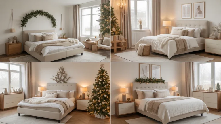 collage of neutral Christmas bedroom ideas with beige bedding, wooden accents, soft lighting, and minimal festive decor