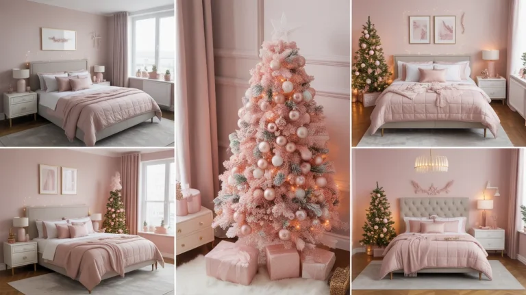 collage of pink Christmas bedroom ideas with blush bedding, pink trees, rose gold accents, and cozy feminine holiday decor