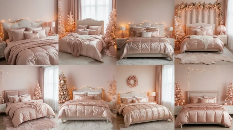 collage of rose gold Christmas bedroom ideas with metallic bedding, blush decor, and cozy holiday lighting for luxurious festive inspiration