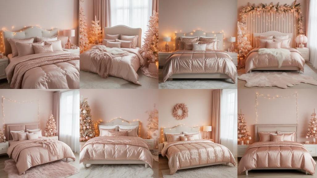 collage of rose gold Christmas bedroom ideas with metallic bedding, blush decor, and cozy holiday lighting for luxurious festive inspiration