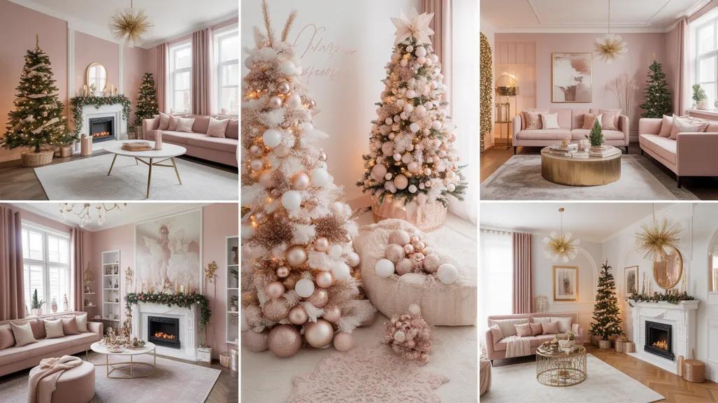 Rose gold Christmas living room ideas with chic festive decor, metallic ornaments, and elegant modern holiday styling.
