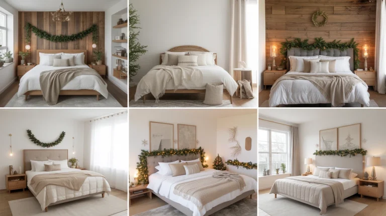 Rustic modern Christmas bedroom ideas with wood textures, neutral colors, soft lighting, and minimalist holiday decor