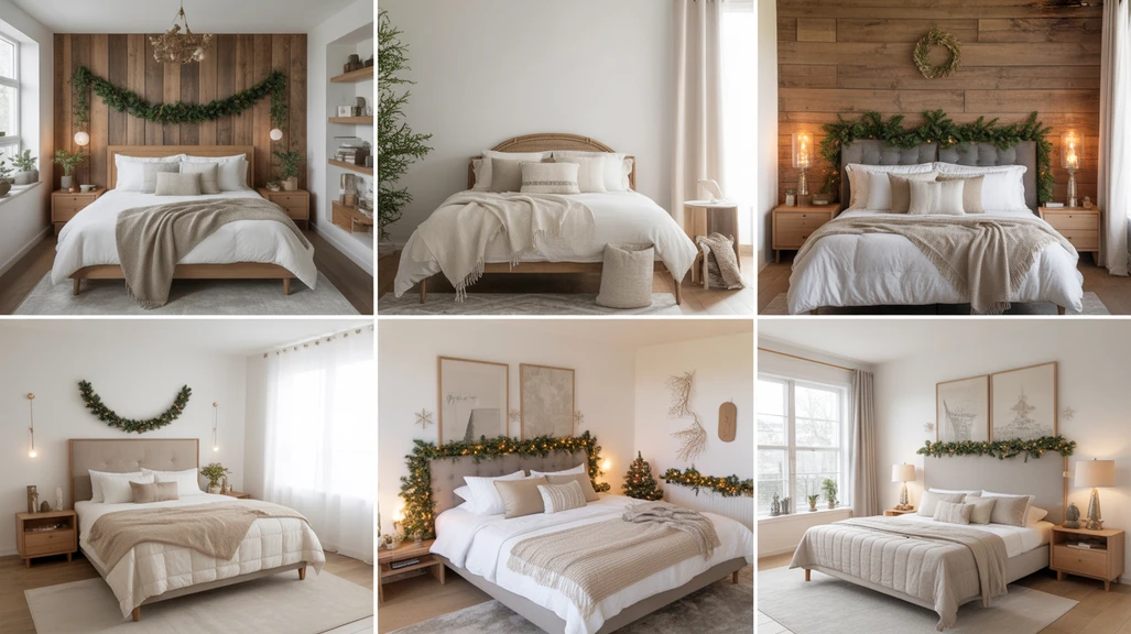 Rustic modern Christmas bedroom ideas with wood textures, neutral colors, soft lighting, and minimalist holiday decor