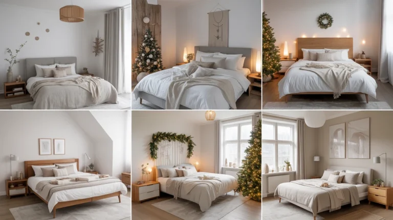 Scandinavian Christmas bedroom ideas for minimal cozy vibes with natural wood, neutral colors, and soft lighting