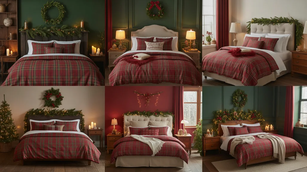 Traditional Christmas bedroom ideas with red and green decor, plaid bedding, and cozy candlelight accents