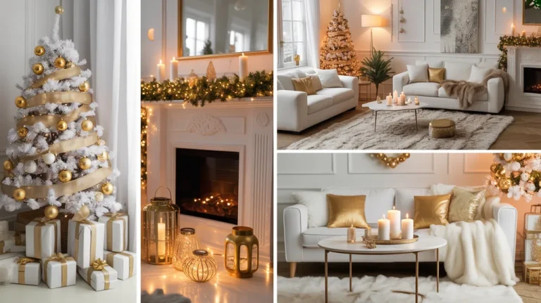 Elegant collage of white and gold Christmas living room ideas with tree, mantel, and cozy holiday décor