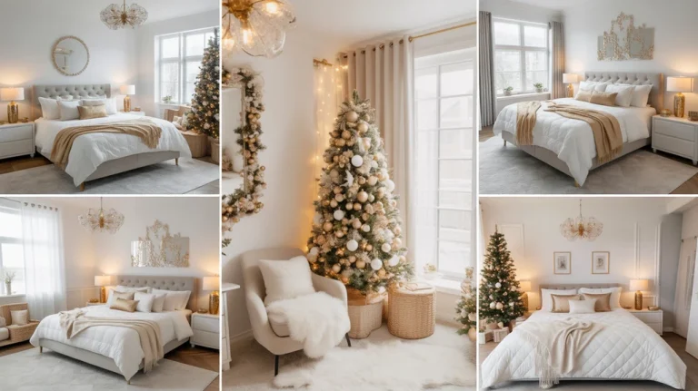 Elegant collage of white and gold Christmas bedroom ideas with festive bedding, golden lights, and cozy winter decor.