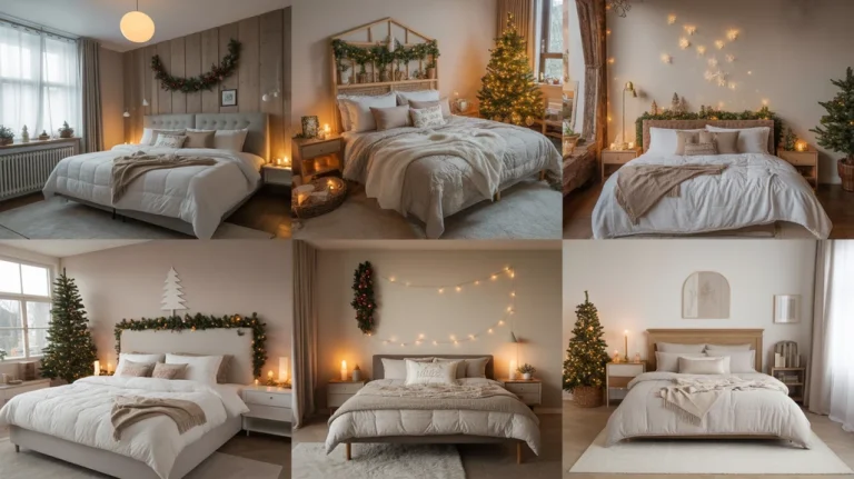ozy christmas bedroom decor ideas collage featuring festive bedding, fairy lights, garlands, and small christmas trees for holiday inspiration