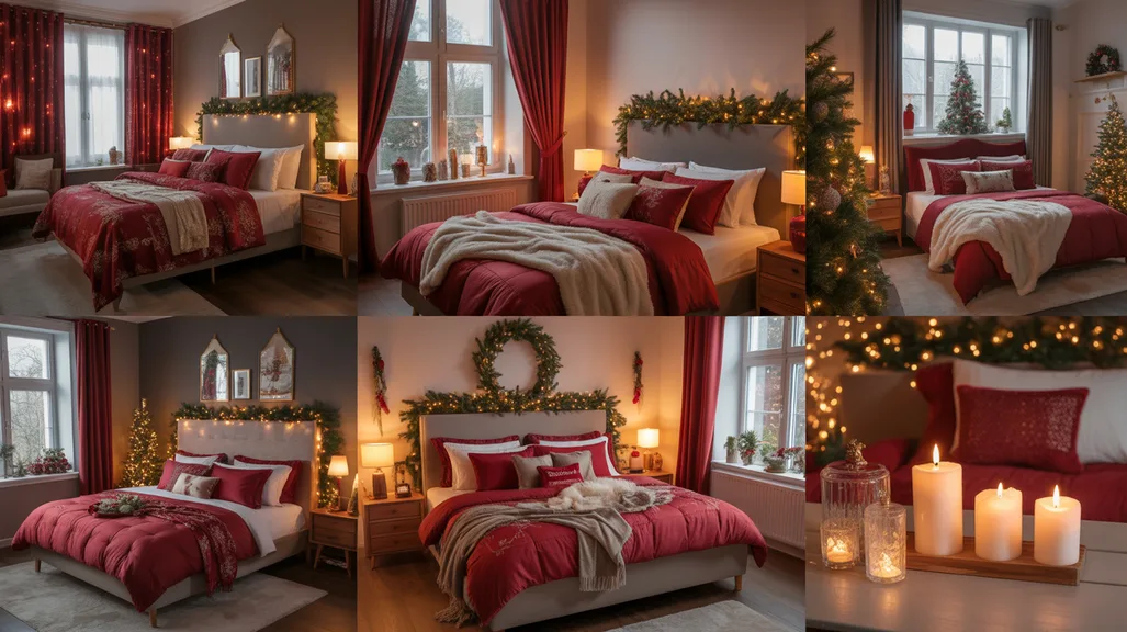 collage of red christmas bedroom ideas with festive bedding, fairy lights, garlands, and cozy holiday decor inspiration