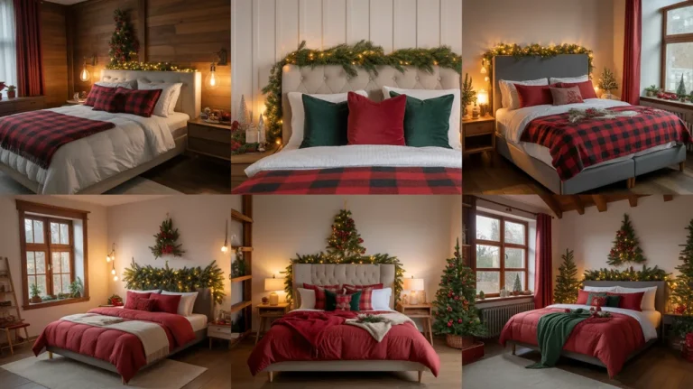 Red and green Christmas bedroom ideas collage showcasing festive bedding, garlands, and cozy holiday lights