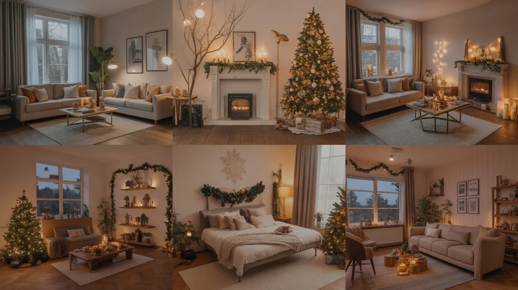 magical Christmas living room ideas with cozy lighting, festive decorations, and elegant holiday aesthetic