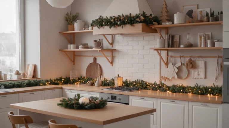 Minimalist Christmas kitchen decor ideas with Scandinavian design, white cabinets, natural greenery, and warm holiday lighting