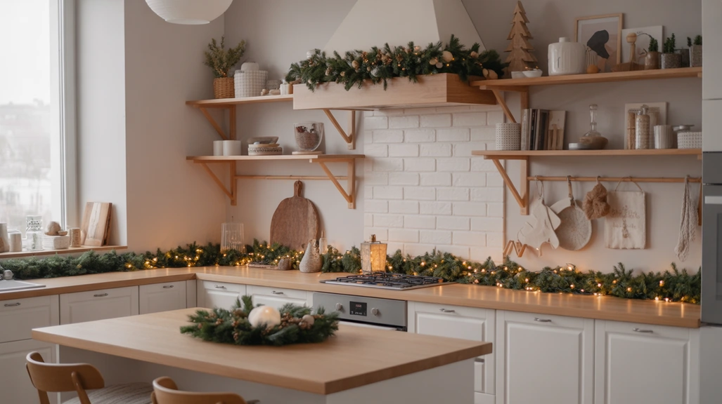 Minimalist Christmas kitchen decor ideas with Scandinavian design, white cabinets, natural greenery, and warm holiday lighting