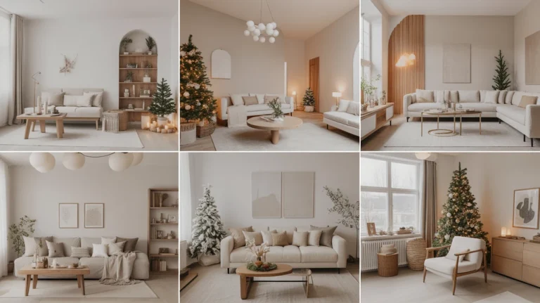 Collage of modern minimalist Christmas living room ideas with Scandinavian charm — cozy neutral interiors, elegant trees, and hygge decor inspiration.”