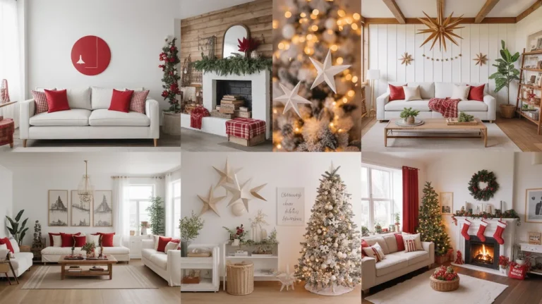Red and white Christmas living room decor ideas collage showing cozy festive spaces, Christmas tree, plaid pillows, and holiday mantel styling.