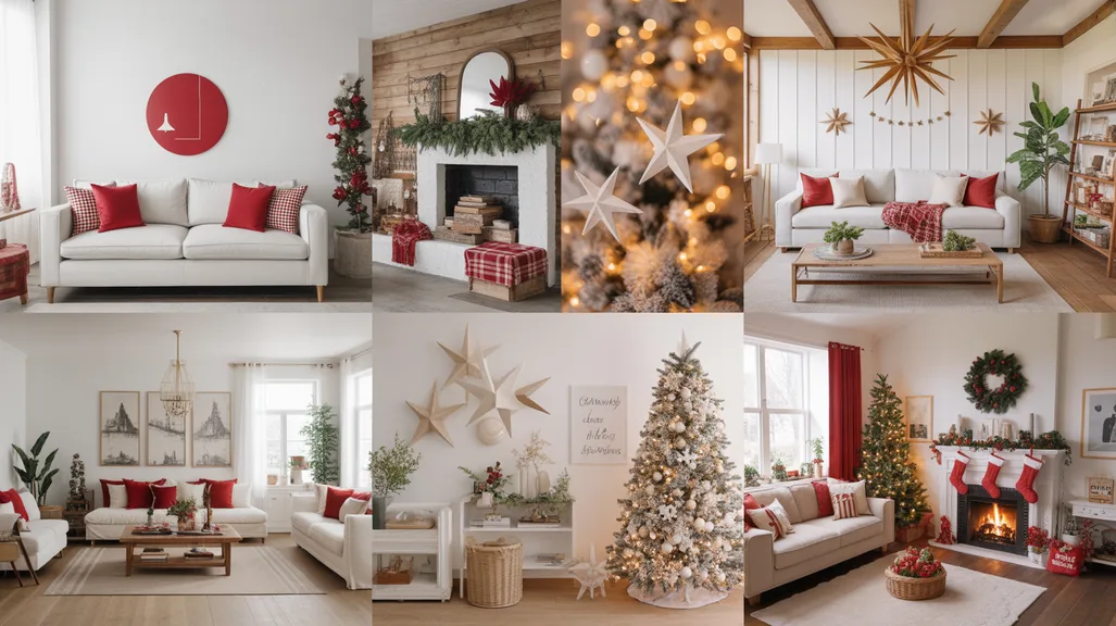 Red and white Christmas living room decor ideas collage showing cozy festive spaces, Christmas tree, plaid pillows, and holiday mantel styling.
