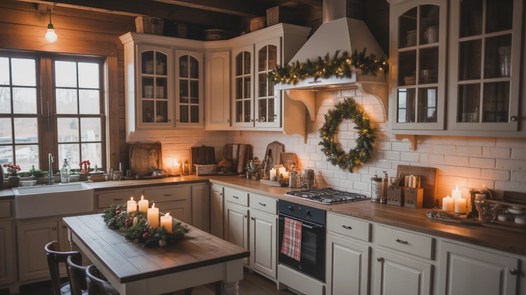 rustic christmas kitchen decor ideas with wooden cabinets, greenery, and cozy country charm
