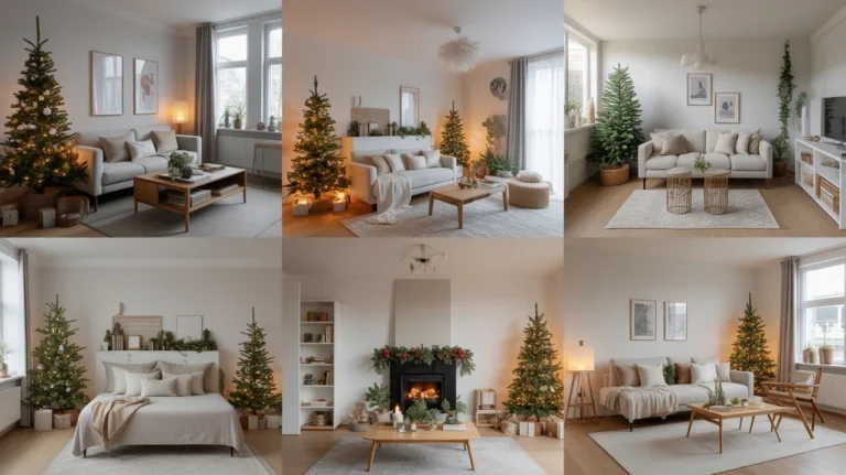 Alt: Festive collage of small apartment Christmas living room ideas with cozy minimalist holiday decor.