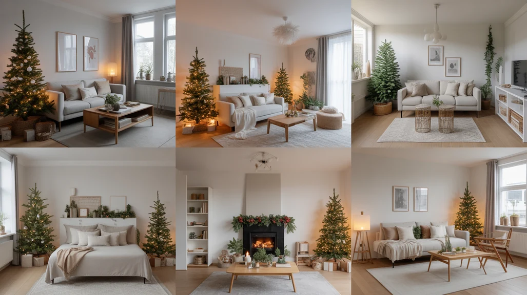 Alt: Festive collage of small apartment Christmas living room ideas with cozy minimalist holiday decor.