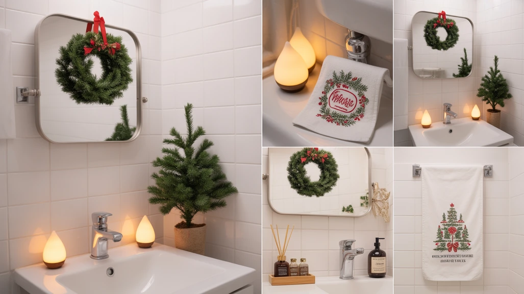 Cozy collage of small bathroom Christmas décor ideas with mini wreaths, soft lights, and festive accents.