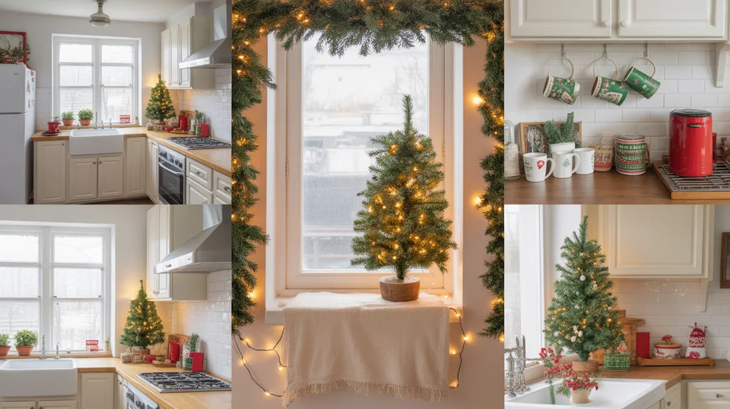 Cozy collage showing small Christmas kitchen decor ideas with greenery, fairy lights, and festive accents
