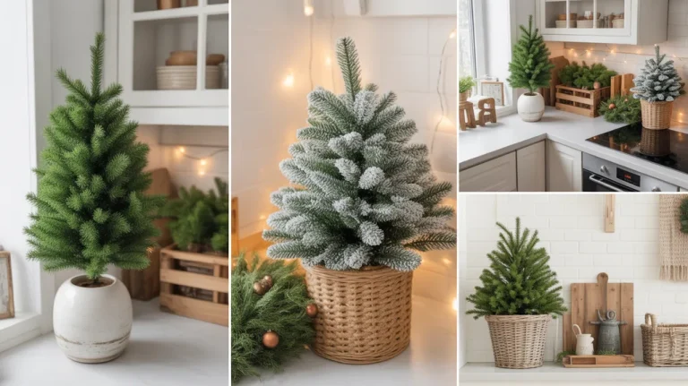 small christmas tree decor ideas for kitchen corners with mini trees, festive accents, and cozy holiday styling