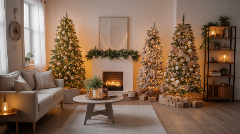 Themed Christmas tree ideas 2025 featuring floral, metallic, and rustic designs for a cozy and stylish holiday home