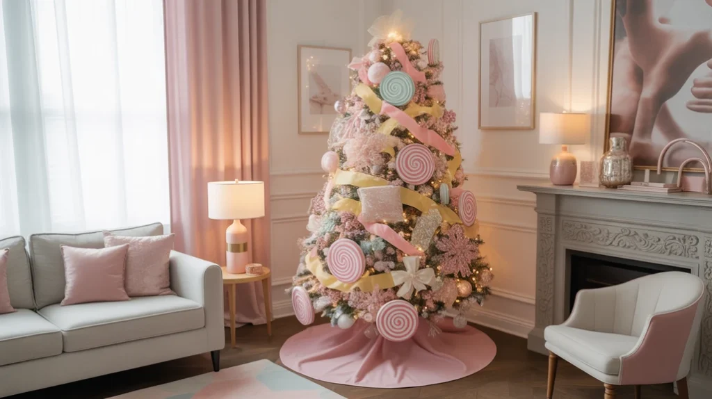 Collage of whimsical Christmas trees with candyland, pastel, and vintage holiday styles