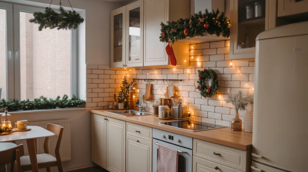 Bright apartment kitchen decorated for Christmas with garland, fairy lights, and festive small-space accents