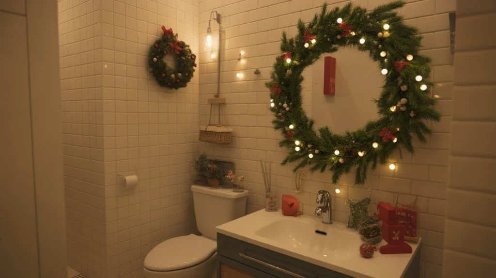 Cozy bathroom decorated with Christmas accents, soft fairy lights, pine garland, and festive red and green details