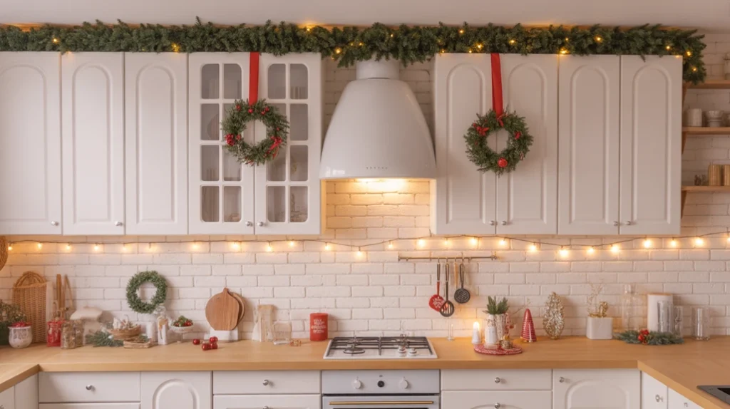 Modern kitchen decorated with Christmas kitchen cabinet decor ideas featuring greenery, lights, and red ribbons