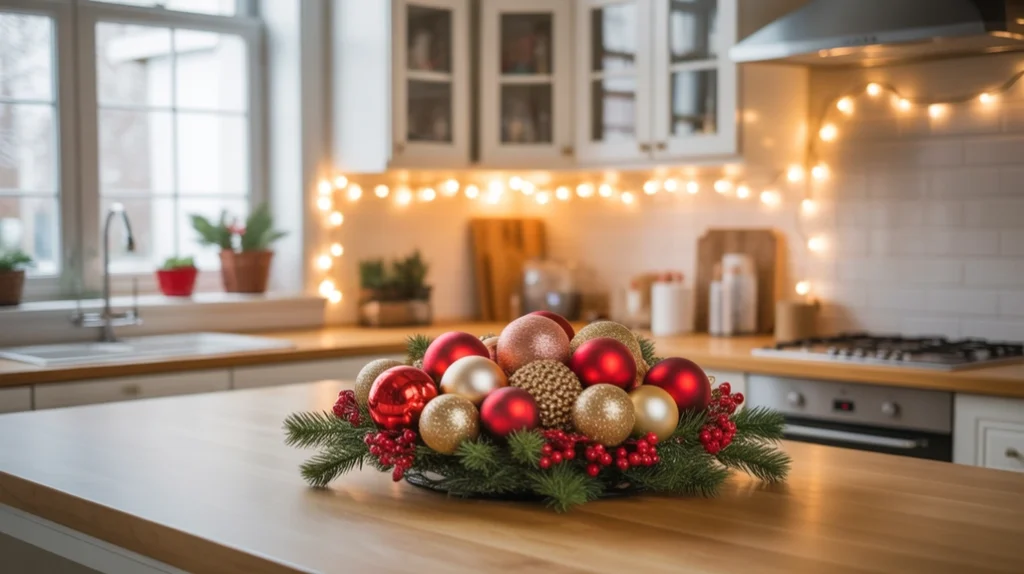 cozy christmas kitchen counter with a festive tray, ornaments, pine greenery, and warm holiday lighting
